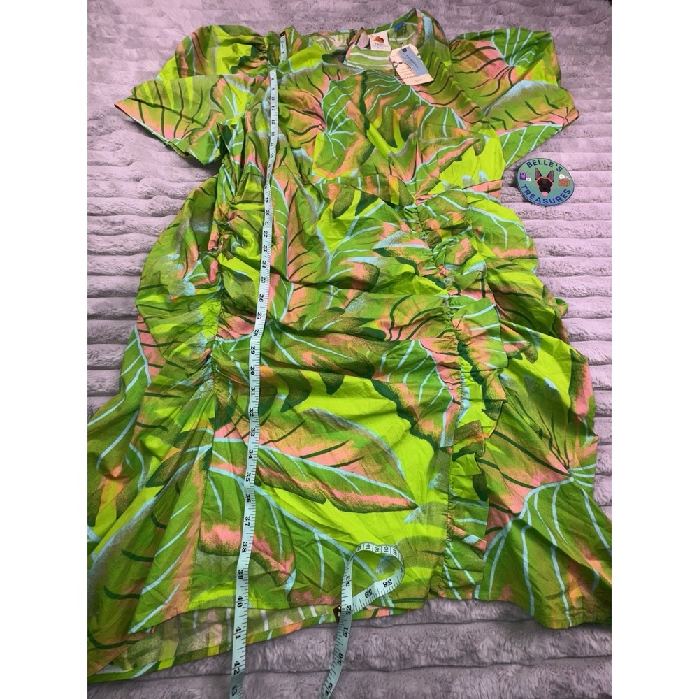 NWT FARM RIO 3XL Anthropologie Puff-Sleeve Mini Dress Lime Green Floral Ruffle - Picture 3 of 11